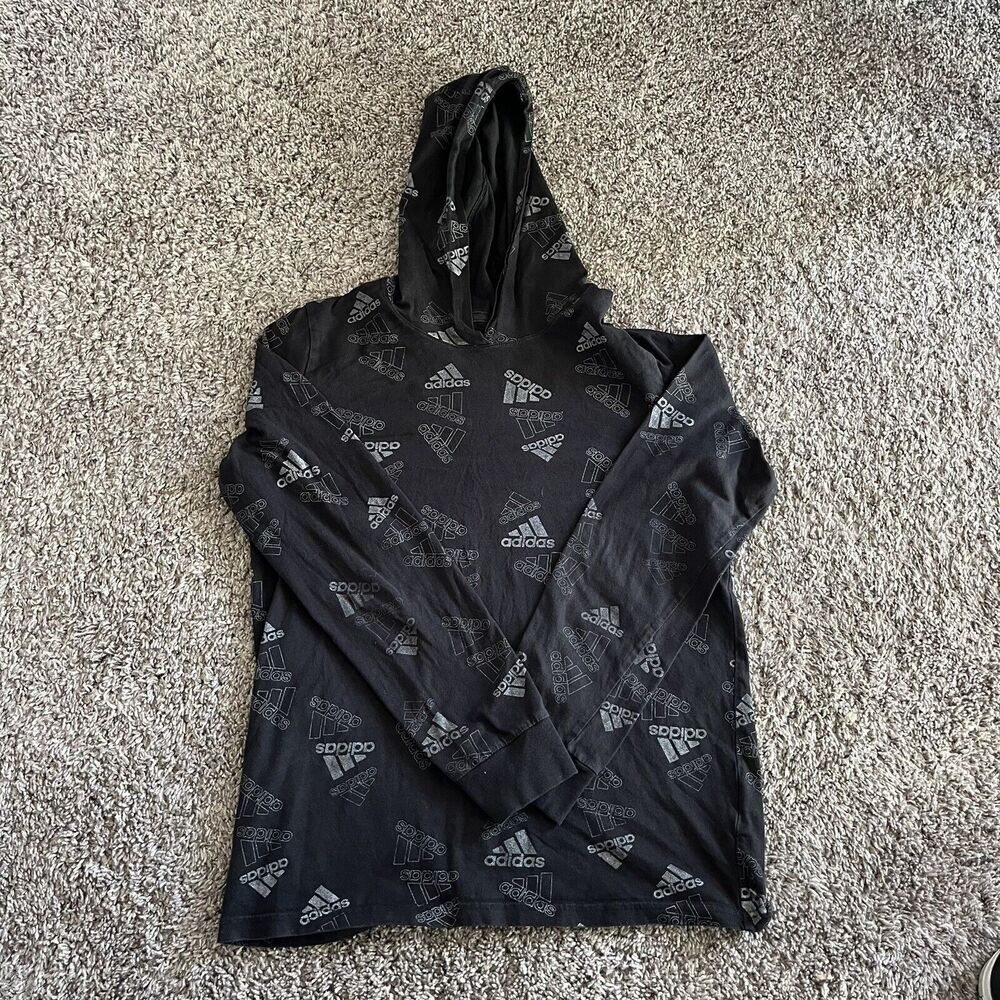 Adidas Hoodie Youth Large 14-16 Black Tee Pullover All Over Logo Spell Out N199